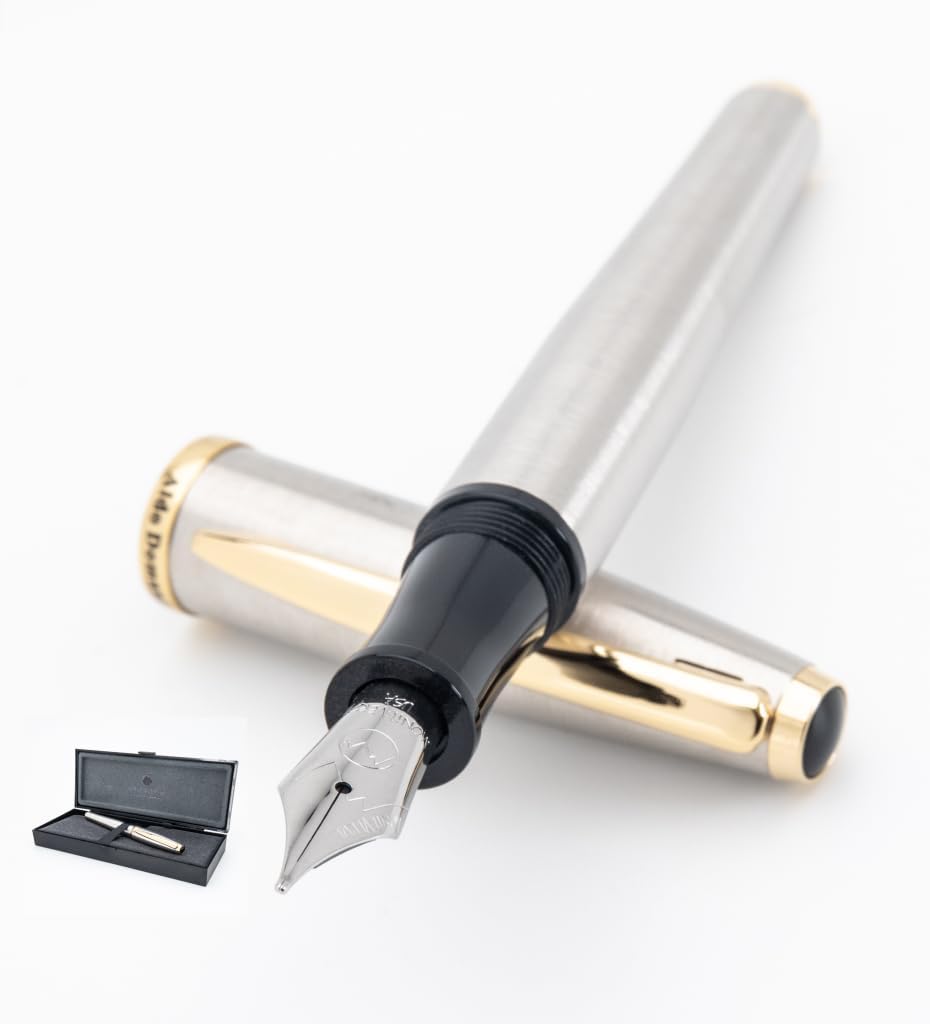 Monteverde USA Aldo Domani Fountain Pen Brushed - Extra Fine Nib - Luxury Writing Pen - JoWo Stainless Steel Nib - Smooth Ink Flow - Refillable - Gift Box Included