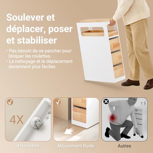 SoBuy Meuble Salle de Bain Rangement - Petit Meuble Toilette Colonne Étroite à Roulettes, 3 Tiroirs avec Plateau en Hévéa Gain de Place pour WC et Cuisine Blanc et Couleur Bois 65x23x82cm BZR54-III-WN – vue 6