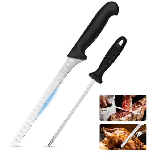 LenDLY Carving Knife for Meat & 10-inch Knife Sharpener Set - Brisket Slicing Knife with Razor Sharp High Carbon Stainless Steel Blade, Ergonomic Handle - Premium Turkey Butcher Knife