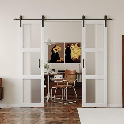 ARKHJEM White Double Sliding Barn Door - 48''×84'' Frosted 3 Panel Glass, Sturdy, Need to Assemble, Suitable for Living Room