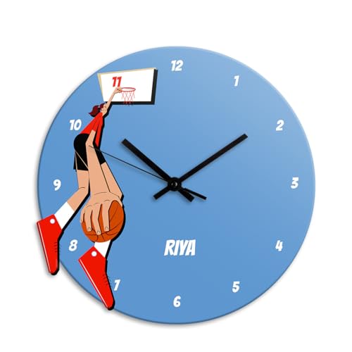 Image of Zooboo Personalized Analog Wall Clock, Custom Name Acrylic Silent Quartz Movement Wall Clock with Sleek Modern Design, Ideal for Birthdays (Design - Basketball Fever Girl), 30x30 cm, Multicolor