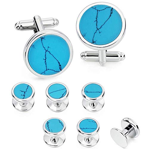 HAWSON Mother of Pearl Man Tuxedo Shirt Studs and Cufflinks Set for Wedding Business (Silver Tone- Turquoise)
