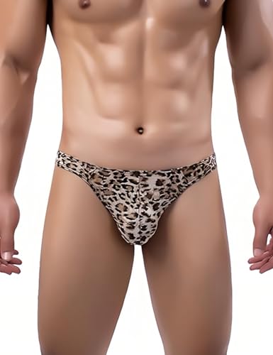 Men's Sexy Thong Underwear T Back Bikini Briefs Low Waist G String with Bulge Pouch Leopard Print Panties S-XL3