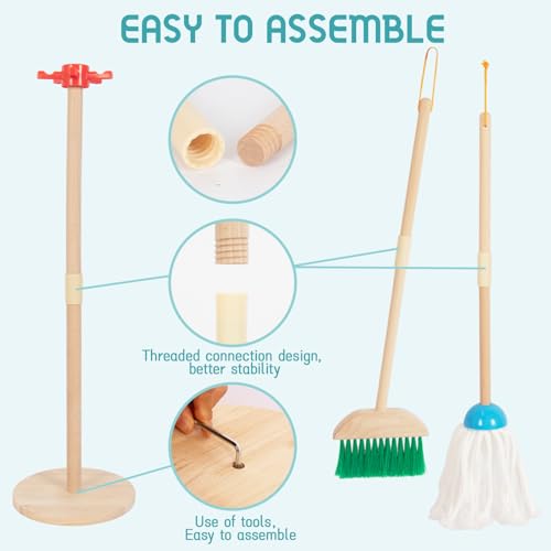 Kids Cleaning Set, Housekeeping Play Set Includes Broom Mop Duster Dustpan Brushes Rag and Organizing Stand, Cleaning Toys Gift for Toddlers Girls Boys Age 3-6, Solid Beech Wood (Blue) - Thumbnail 3