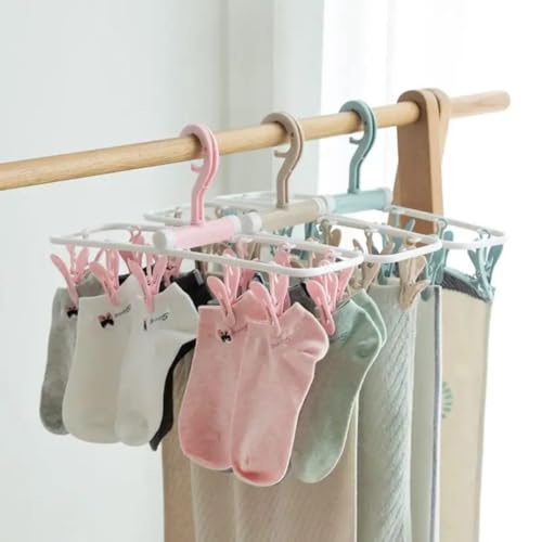 Image of Cloth Drying Hanger 12 Clips,360 Degree Portable and Foldable Clips,Baby Clothes, Clothes Drying Stand,Indoor Clothes, Space Saving Hanger, Travel Safe (Pink)