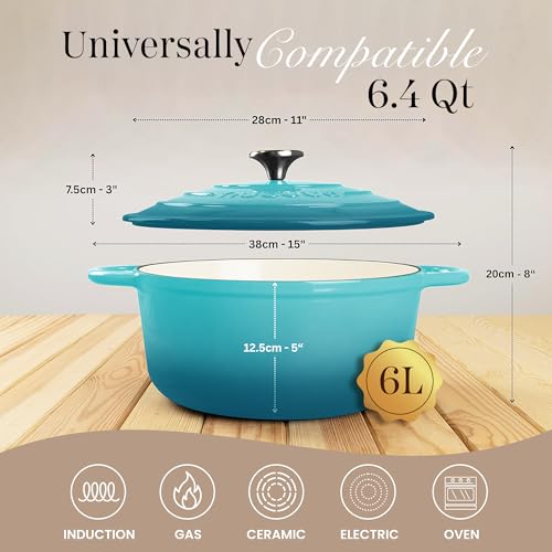 Image of Nuovva Enamelled Cast Iron Dutch Oven Pot with Lid-6.4 Quart Non Stick Casserole Pot-Heavy Duty & Oven Safe up to 500 F for Bread Baking, Braising, Stews, Roasting - 28cm Teal