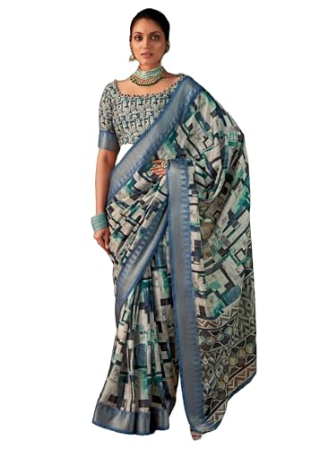 Sari traditionnel femme en soie imprimée de motifs et bordure Zari