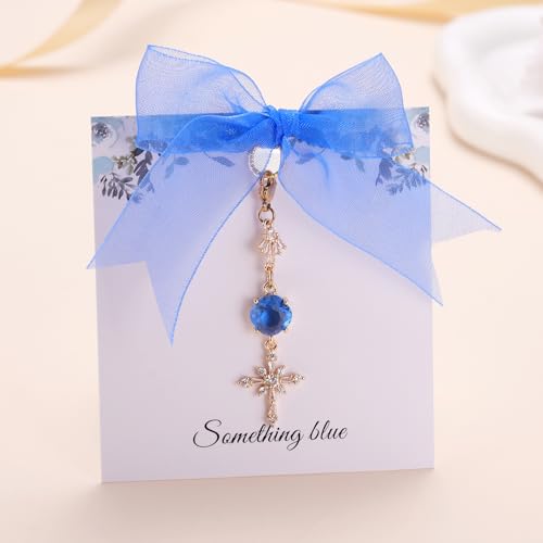 Image of MIXJOY Something Blue Gift for Bride, Wedding Day Bridal Blue Pearl Angel Wings Bouquet Garter Charm for Bride to Be