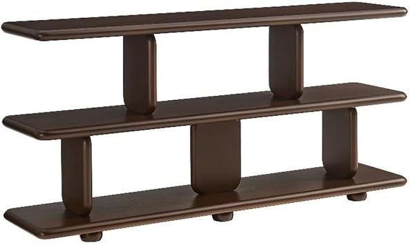 MAKLAINE Modern 2-Tier Open Shelving Bookshelf, Walnut Wood Grain Veneer, Rounded Corners, Sculptural Design, Bun Feet, Living Room, Home Office or Bedroom Display Shelf