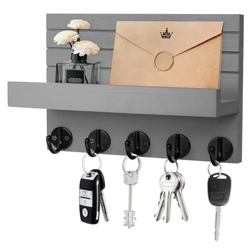 Kldgris Portachiavi da Parete, Portachiavi da Muro in Legno, con 5 Ganci per Chiavi, Appendi Chiavi Ingresso, per Ingresso, Cucina, Ufficio, Soggiorno (Grigio)