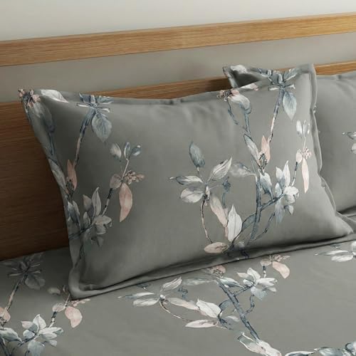 Image of Home Sizzler 210 TC Microfibre Dusty Grey Floral Double Fitted Bedsheet (72X78 inch) with 2 King Size Pillow Covers