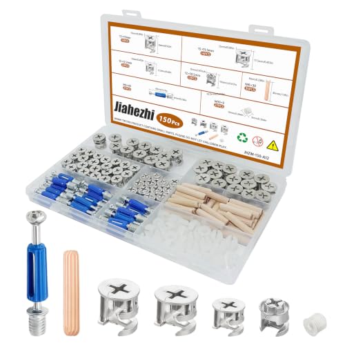 Jiahezhi 150PCS Furniture Cam Locks Kit - Heavy Duty 3-in-1 Eccentric Hardware Fasteners with Screws & Dowels for IKEA Cabinet Drawer Dresser Assembly Repair
