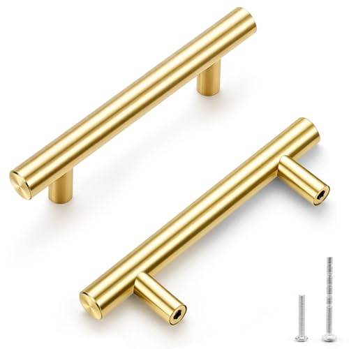 YTKavq 6 Inch Stainless Steel Cabinet Pulls, Brushed Gold Modern Drawer Handles, 3.8" Hole Center Kitchen Hardware with Screws, Drawer Pulls for Bathroom Vanity Cupboard -6 Pack