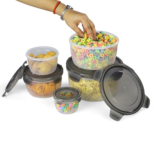 Image of PEARLPET PP Container Circular Plastic Food Storage Container with Air Tight Lid | Fridge & Freezer Dabba Containers, Fruit Box Set of 5, Black (300ml, 600ml, 1200ml, 1800ml and 3000ml)