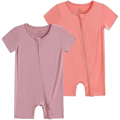 SUZEL Boys Baby Girls Short Sleeve Romper Viscose from Bamboo Infant Zipper Jumpsuits - 0-24 Months(Coral & Mauve, 18-24 Months) Cover