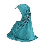 Caviotess Women One Piece Muslim Hijab Lace Applique Head Wrap Scarf Shawl with Rhinestones (Blue)