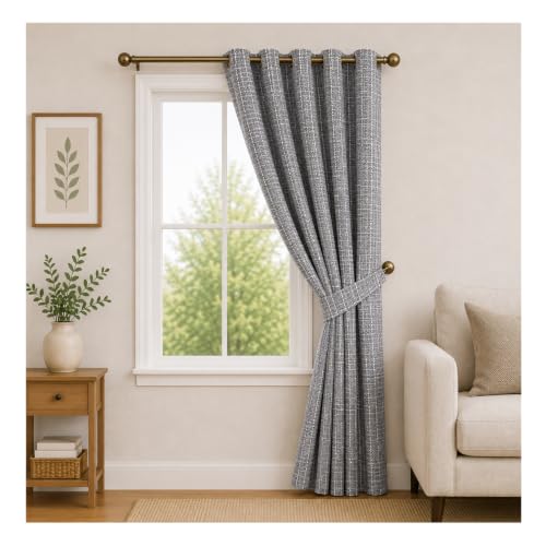 Image of Premium Faux Linen Curtain with Eyelets & Tie-Back | Modern Textured Light Filtering Door & Window Curtain for Home & Office | Washable, Durable & Easy to Maintain | Dark Grey, Door - 7 ft