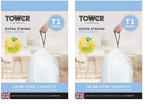 Image of Tower T878000 42-58L Lemon Scented Heavy Duty Drawstring Bin Liners, 40 Pack, White