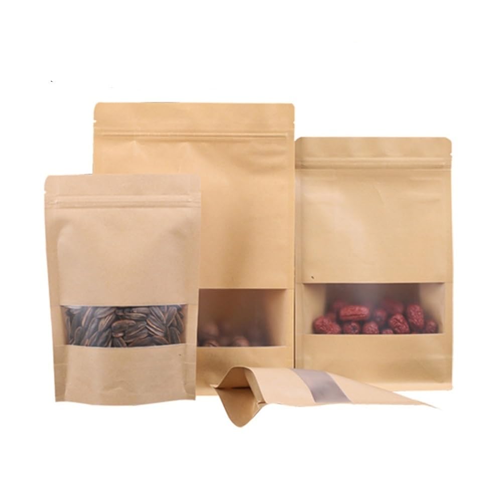 100 szt./partia Stand Up Kraft Paper Pouches With Windows Snack Food Ziplock Bags Nuts Sealed Food Packaging Bags With Tear Notch (przezroczyste okno, 16 x 22 cm)