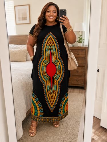 Image of Plus Size Maxi Dress for Women Short Sleeve V Neck Casual Loose Sundress with Pockets