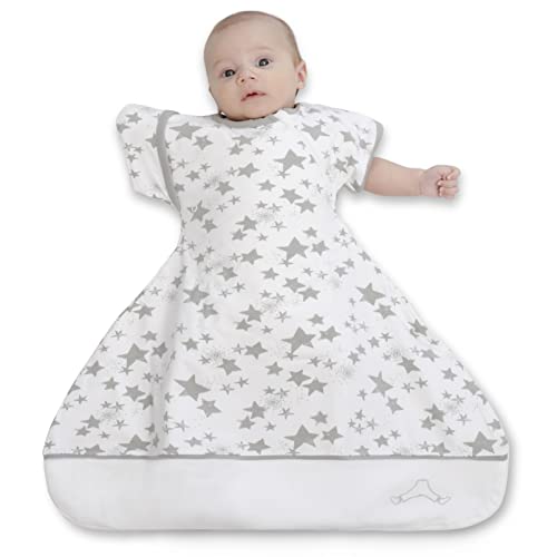 Clickyhips Swaddle Sack with Arms Up, Allows Babies Hips to Move Freely, fits Newborn Babies 0-6 Months, 8-18 lbs, Arms in/Out Transition, Baby Sleep Sack, Organic Cotton, White with Gray Stars by Clickyhips - Used condition - US$25.47