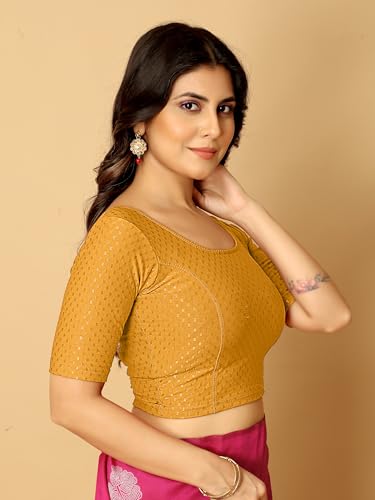 Image of Amazon Brand - Anarva Round Neck Dobby Cotton Lycra Stretchable Elbow Half Sleeve Readymade Saree Blouse for Women Stylish