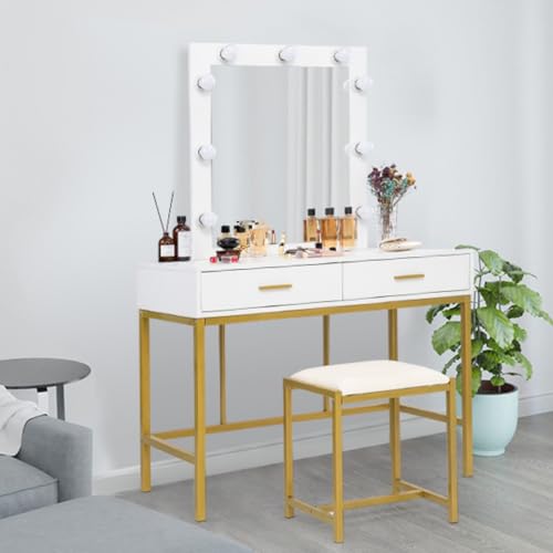 VINGLI 40' Vanity Set with Lighted Mirror and Stool,White Makeup Vanity Table Set with 9 Lights for Women,Bedroom Makeup Dressing Table with 2 Drawers and Stool,White&Gold