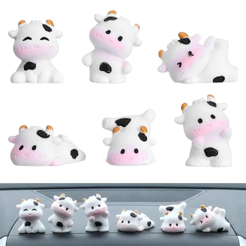 Ouligay 6 PCS Mini Cows Car Dashboard Decorations Cow Print Car Accessories Cute Funny Rear View Mirror Decoration Mini Cows Figurines Cars Interior Decor for Women Men