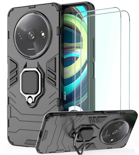DERHAN Cover per Xiaomi Redmi A3 con 2 Pezzi Vetro Temperato, Custodia Protettiva Resistente Antiurto Robusta Case con Supporto - Nero