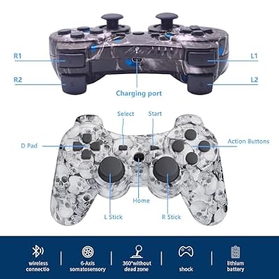 Controller for PS-3 Wireless, Gaming Remote Joystick for Play 3 with Charger Cable Cord (Black Ghost, White Skull)