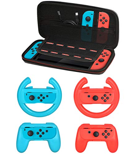 Accessories Kit for Nintendo Switch Games Starter, 2X Steering Wheel, 2X Grip Kit, 1x Travel Carry Case(5 in 1 Red/Blue) Accessories Kit for Nintendo Switch Games Starter, 2X Steering Wheel, 2X Grip Kit, 1x Travel Carry Case(5 in 1 Red/Blue)
