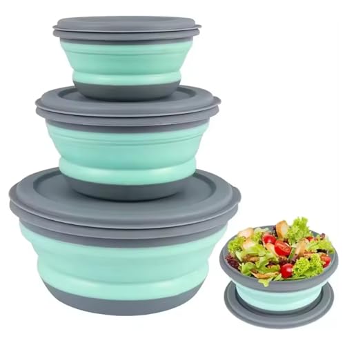 Ciotola pieghevole da campeggio, accessori da cucina, stoviglie da campeggio con coperchio, 3 pezzi, da campeggio, pieghevole, per insalata, portatile, contenitore rotondo per picnic, escursioni