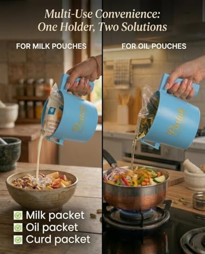 Image of Milk and Oil Packet Holder, Black Plastic Kitchen Organizer with Handle, Cylindrical Spill-Proof Pouring Container (Blue, Small)