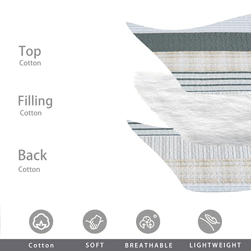 Image of Homzard Quilts Queen Size - Cotton Queen Size Comforter Sets,Beige Grey Cotton Bedding,Striped Plaid Comforter Bedspread (90 * 98 Inches),3 Piece