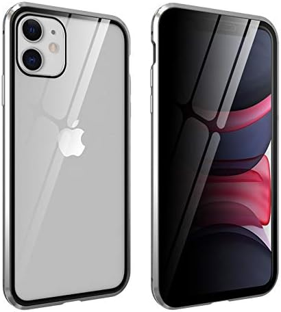 Guppy for iPhone 11 Magnetic Case, Case with Built in Privacy Screen Protector Anti Spy Tempered Glass Slim Metal Aluminum Shockproof Cover Hard Drop Proof Protective Wireless Charging Support Silver