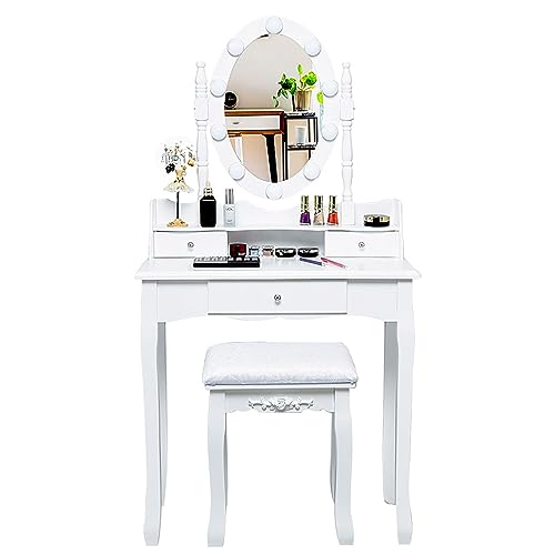 COSTWAY Toeletta da Trucco, Set Tavolo e Sgabello da Trucco, Specchio con 10 Luci LED, Toeletta Multifunzionale con 3 Cassetti, Specchio Rotante a 360⁰, Postazione Make-up Moderno (Bianco)