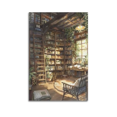 Cozy Vintage Library with Wooden Ladder Canvas Poster - Lush