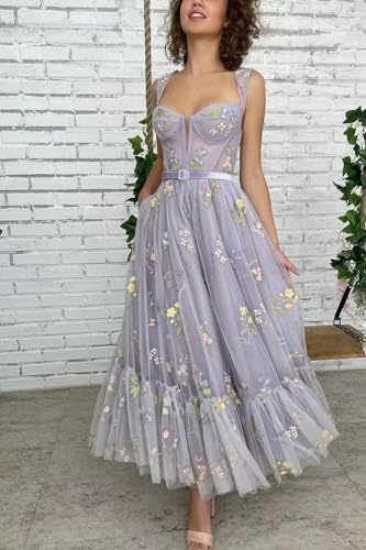 Xijun Women's Flower Embroidery Tulle Prom Dresses Corset Ruched Tea Length Floral Formal Evening Party Gowns2