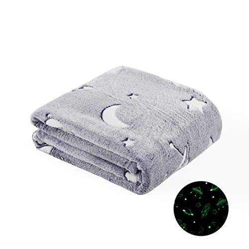 Qsteheml Glow In The Dark Throw Blanket, Luminous Blanket Birthday Gift For Boys Girls Kids Toddlers, Cozy Soft Fluffy Fuzzy Flannel Fleece Blanket For Couch Sofa Bed, 50" X 60", Gray Space Moon Star #TOP5