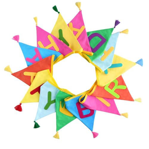 G2PLUS Happy Birthday Fabric Banner 4.2M Double Sided Triangle Tassel Bunting with 14PCS Floral Pennants for Brithday Party Bedroom Decorations-Multicoloured