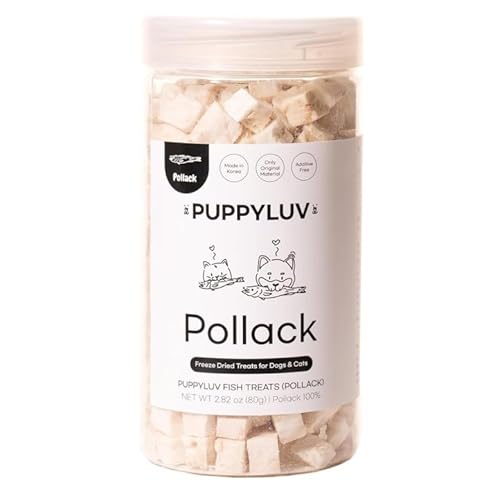 Puppyluv Treat - Freeze Dried Pollock Dog & Cat Treats, Wild Caught, Single Ingredient, Natural High Protein & Fish Oil, Grain Free, Gluten Free, 2.8oz