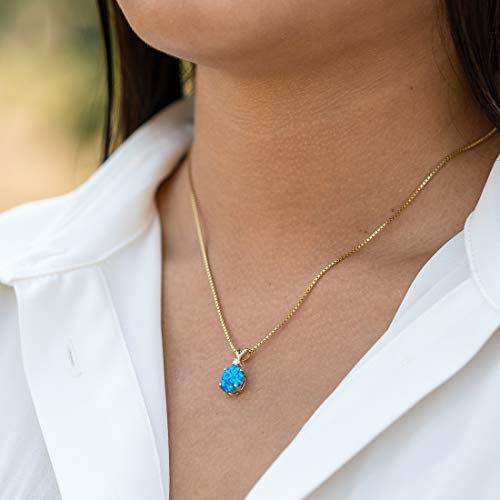 PEORA 14K Yellow Gold Created Blue Opal with Genuine Diamond Pendant, Elegant Solitaire, Oval Shape, 10x8mm, 1 Carat total, October Birthstone Necklace, Fire Opal Necklace, w/Jewelry Box2