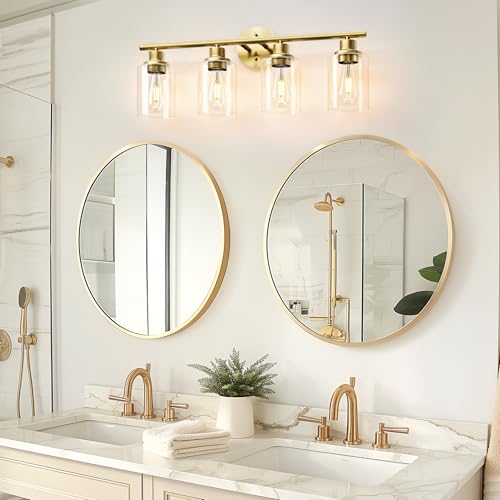 Image of Brush Gold Bathroom Vanity Light - 4-Light Bathroom Light Fixtures with Clear Glass Shades, UL Certification & E26 Base, Gold Vanity Light for Bathroom