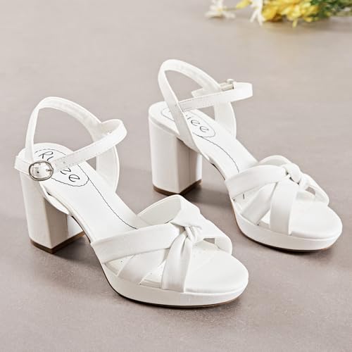 Image of Ruiee Women's Platform Heels Chunky Heeled Sandals, Ankle Strappy Round Open Toe Dressy Shoes Wedding Party High Pump Heels for Women.
