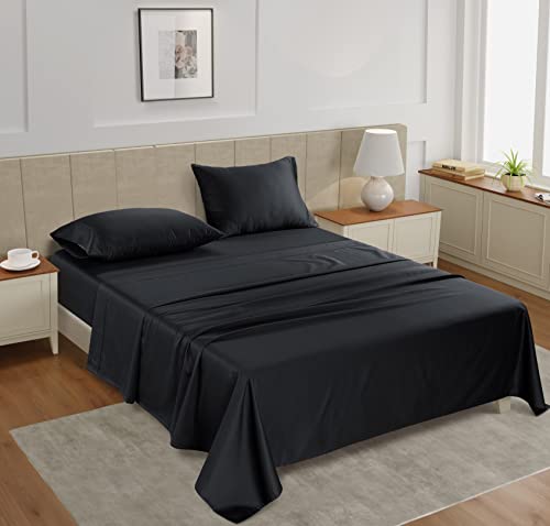 Image of LANE LINEN Twin Sheet Set - 450 Thread Count Premium Sateen Weave for Silky Feel On Skin - Cooling Sheets for Deep Sleep - Securely Fits Mattresses Upto 15'' Deep - Oeko Tex Certified - Black