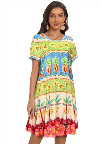 Image of My Sky Summer Dresses for Women 2026 Casual Short Sleeves Tshirt Flowy Beach Plus Size Sundress with Pockets
