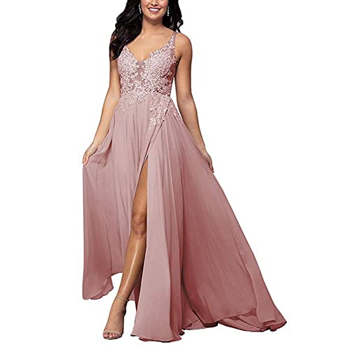 Meibao Robe de Soirée Femme Longue de Bal Mousseline appliqué Col V A-Line Fendue Rose Poussiéreuse 40 Cover