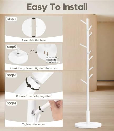 Relquorax Garderobenständer, Kleiderständer aus Buchenholz Massivholz in Baumform für Kleidung, 9 Haken, 185 x 38 x 38 cm, für Jacken, Hüte, Taschen, Eingang, Flur, Büro, Schlafzimmer (Weiß)