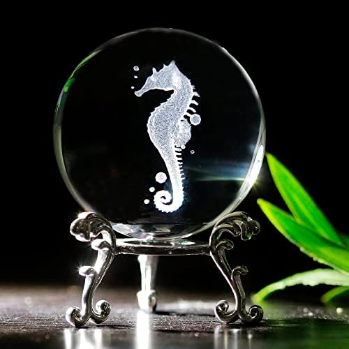 vskikris 3D Crystal Ball with Sea Horse Figurines Glass Balls with Stand 3D Crystal Sphere Paperweight Gifts