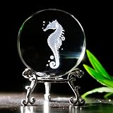 vskikris 3D Crystal Ball with Sea Horse Figurines Glass Balls with Stand 3D Crystal Sphere Paperweig